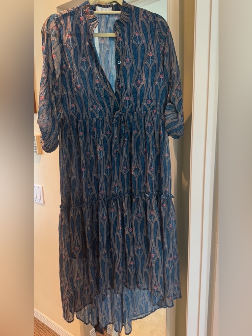 Women's Teal Patterned Tiered Midi Dress - Brand Flamant Rose